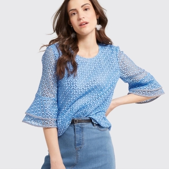 DRAPER JAMES Gingham Lattice Bell Sleeve Pullover Top in Magnolia White - Picture 2 of 14